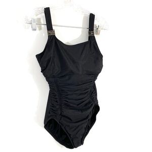 Lands End 10‎ 10P Black Ruched Slimming Shaping Square Neck One Piece Swimsuit
